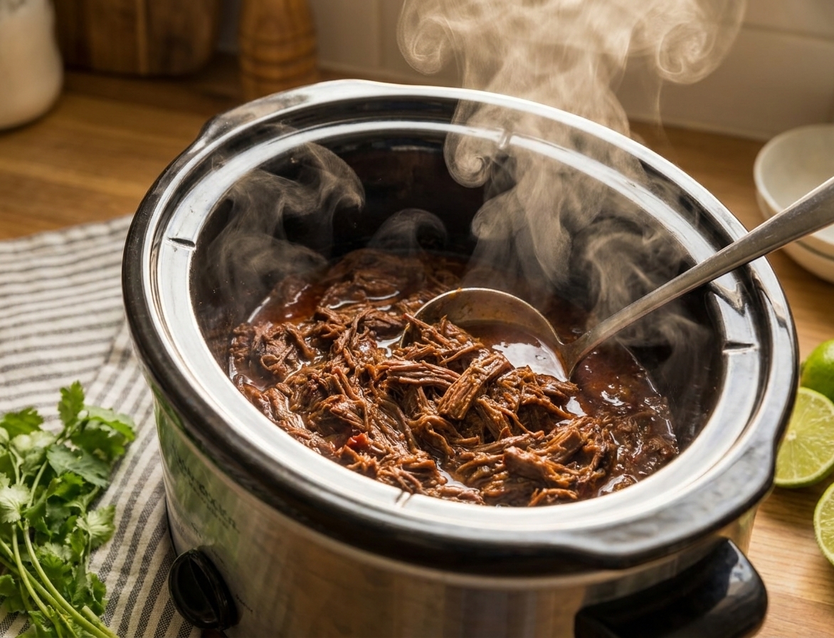 Shredded beef barbacoa inside a slow cooker with a ladle resting in the saucy meat, steam rising in a cozy kitchen