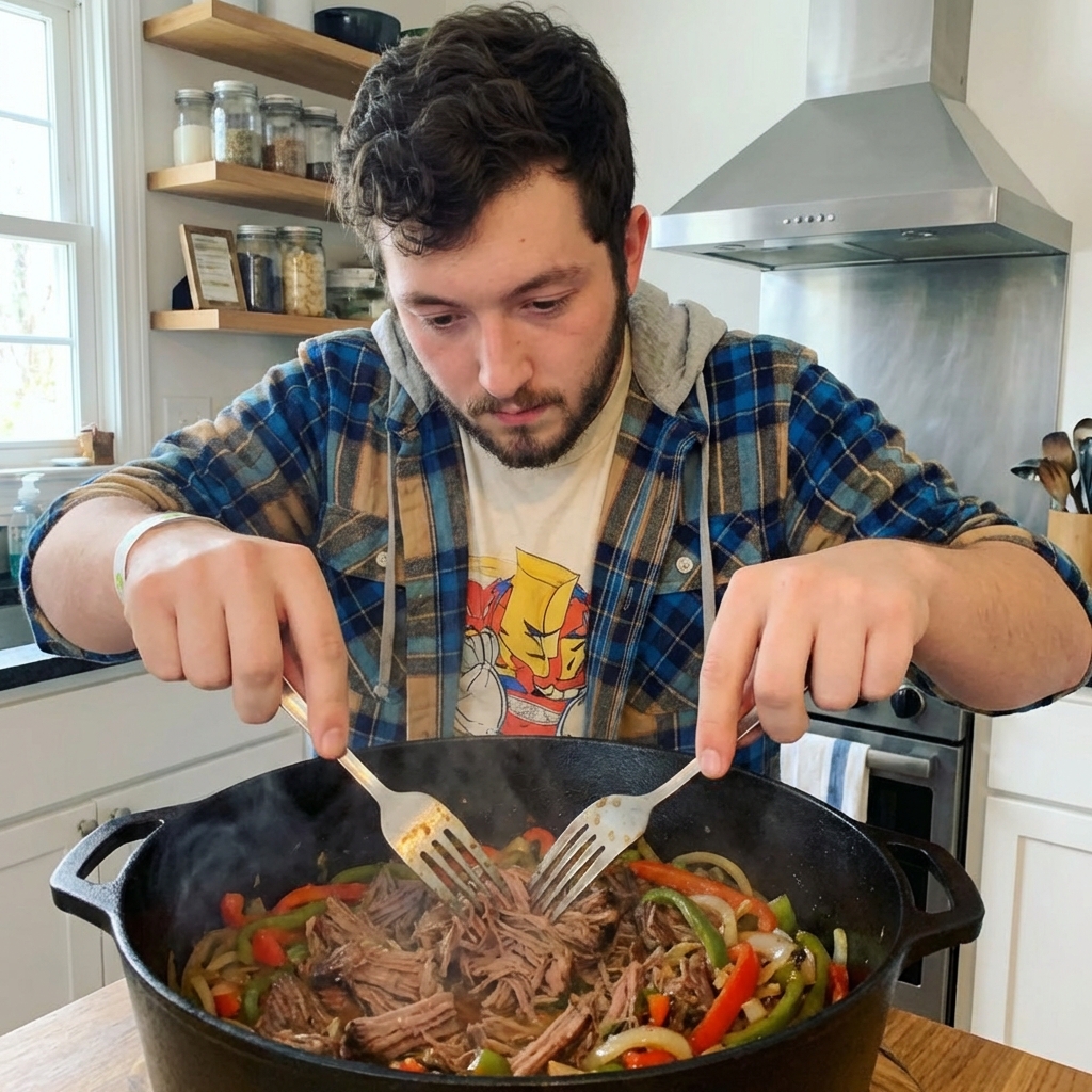 Shredded beef being pulled apart with two forks in a Dutch oven with peppers and onions