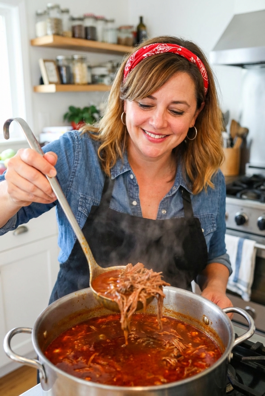 Shredded beef birria in a pot with a ladle lifting the red consommé