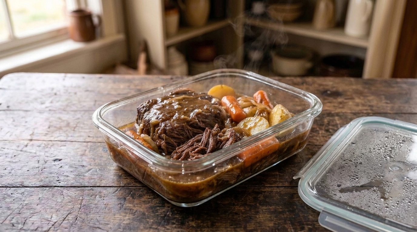 Shredded beef pot roast and vegetables in a glass meal prep container with gravy, sitting on a kitchen counter beside a lid