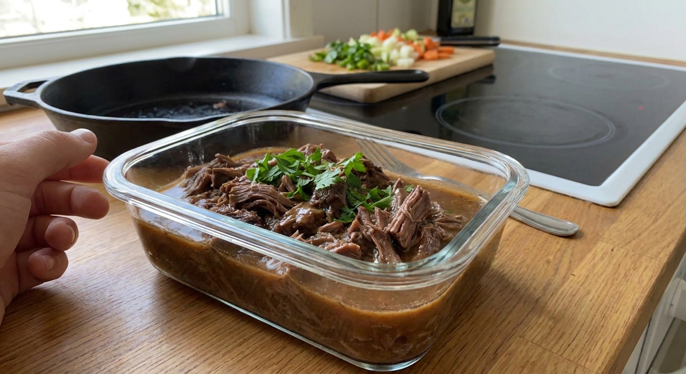 Shredded braised beef with gravy in a glass meal prep container on a kitchen counter