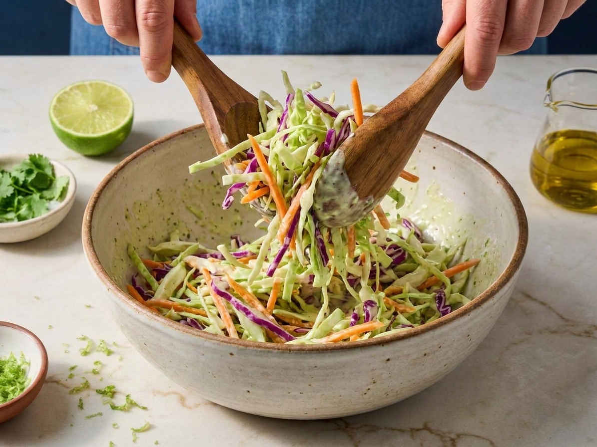 Shredded cabbage and carrots being tossed with creamy lime dressing in a large mixing bowl on a kitchen counter