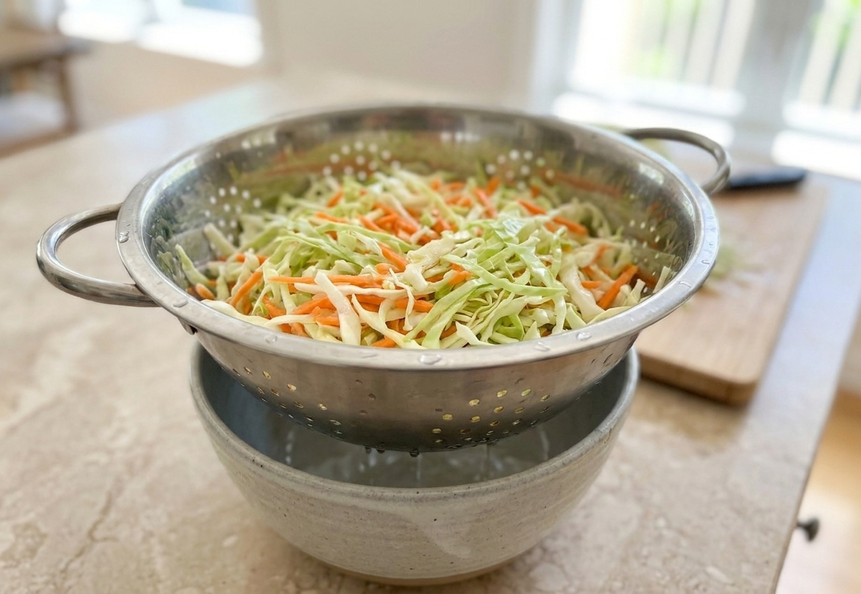 Shredded cabbage and carrots resting in a metal colander over a bowl, with visible droplets of moisture draining off