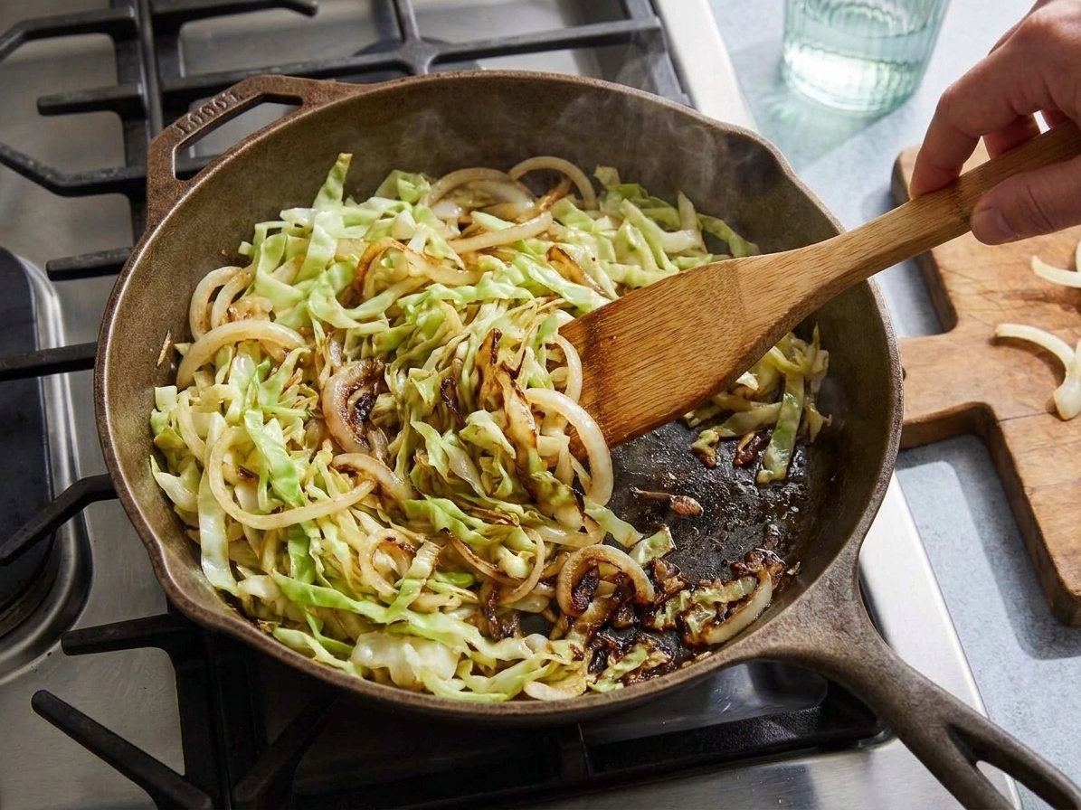 Shredded cabbage cooking down with onions in a large skillet, with some browned pieces forming on the bottom
