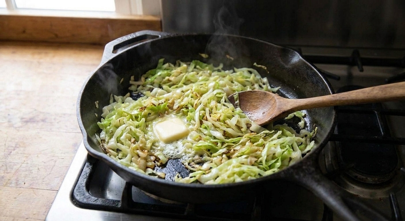 Shredded cabbage sautéing in butter in a skillet on the stovetop