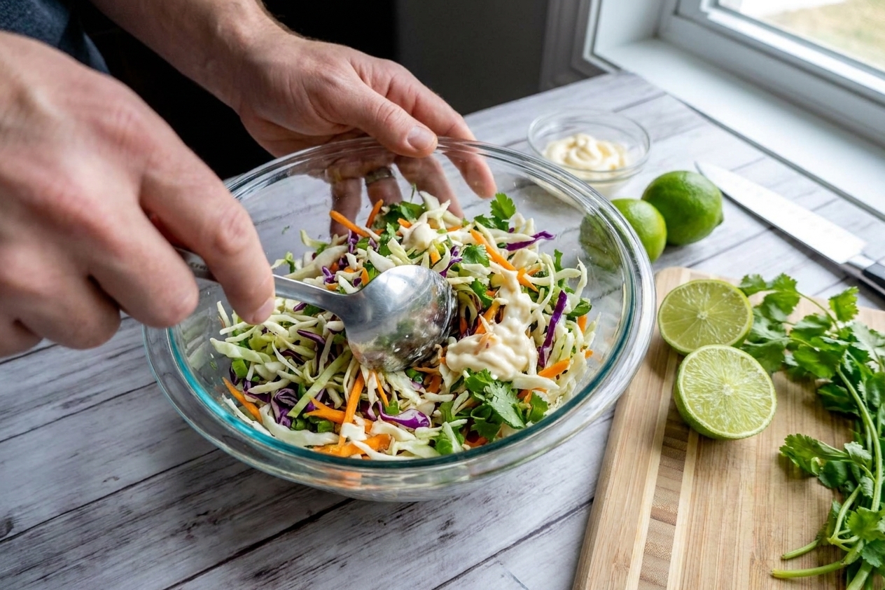 Shredded cabbage slaw being stirred with lime juice and mayonnaise in a large mixing bowl on a kitchen counter