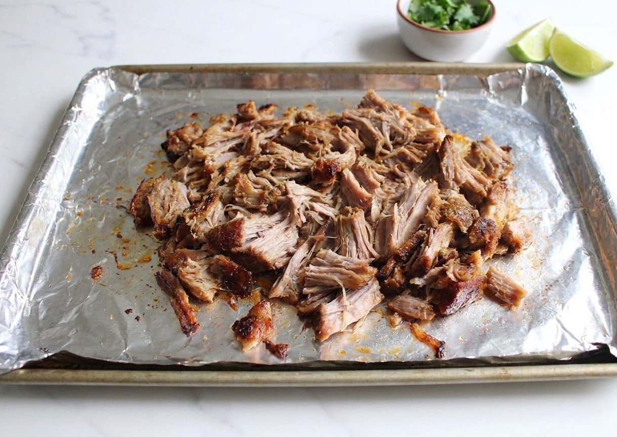 Shredded carnitas on a baking sheet with browned crispy edges fresh from the broiler on a kitchen counter