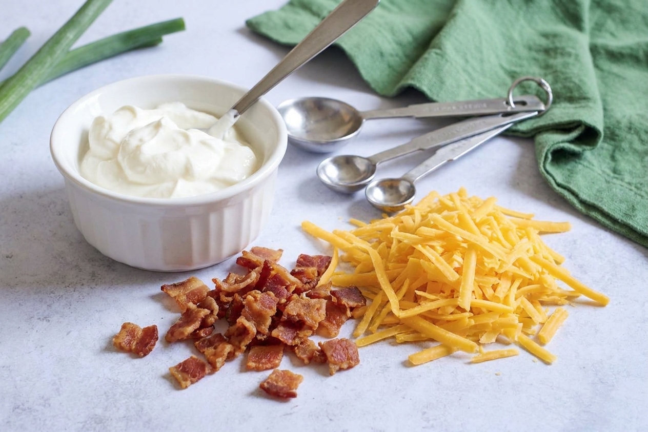 Shredded cheddar, a bowl of sour cream, and crumbled bacon arranged on a kitchen counter with measuring spoons