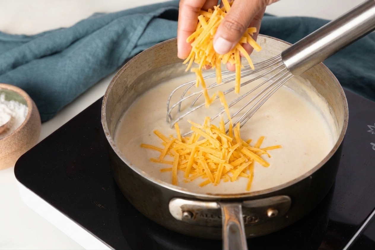 Shredded cheddar being added by hand into a creamy white sauce in a saucepan while whisking