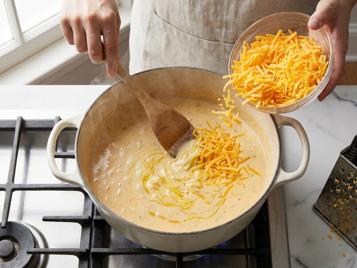 Shredded cheddar being sprinkled into a pot of creamy soup while it is stirred until melted and silky