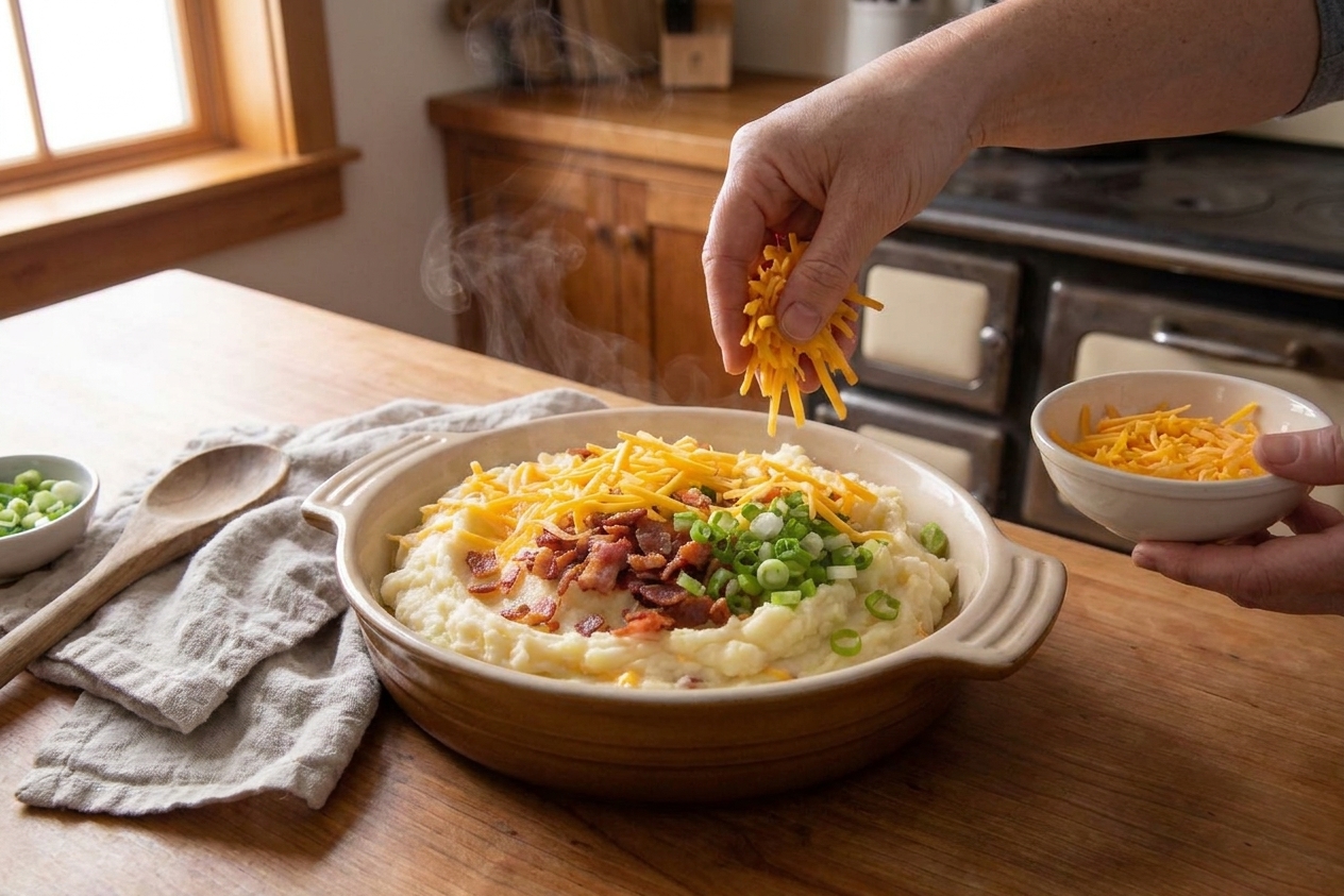 Shredded cheddar being sprinkled over a casserole dish of mashed potatoes on a kitchen counter