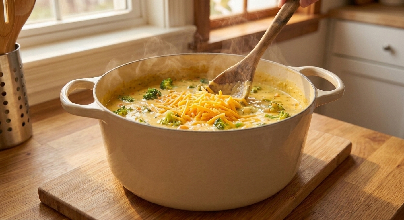 Shredded cheddar being stirred into hot broccoli cheddar soup off the heat until smooth and creamy in warm kitchen light