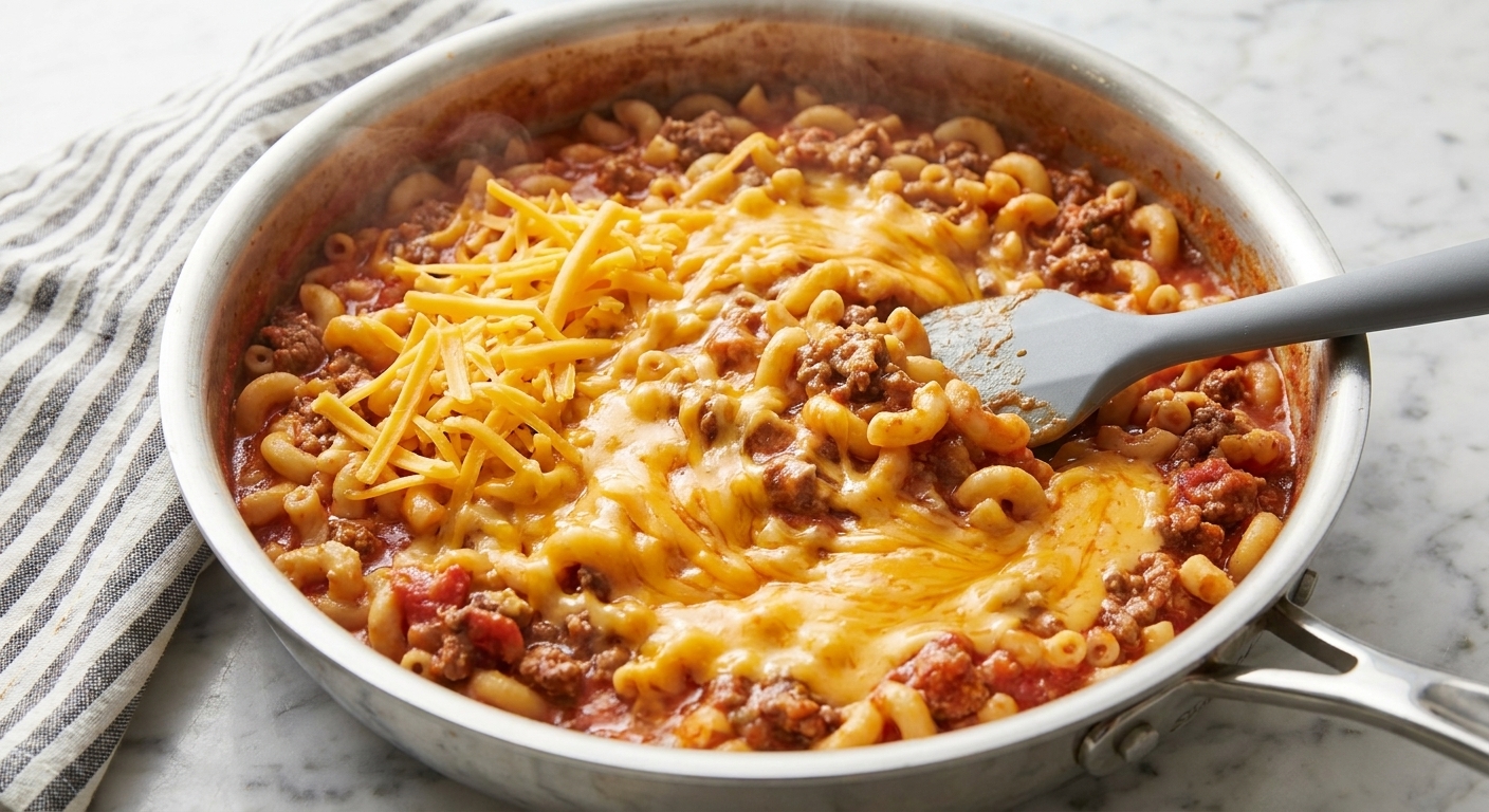 Shredded cheddar being stirred into hot macaroni in a skillet as it melts into a creamy sauce