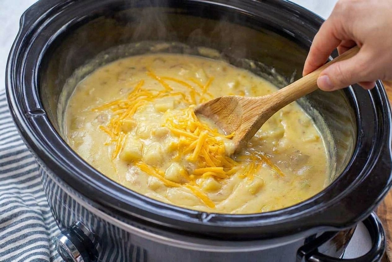 Shredded cheddar cheese being stirred into hot potato soup in a slow cooker as it melts into a creamy base