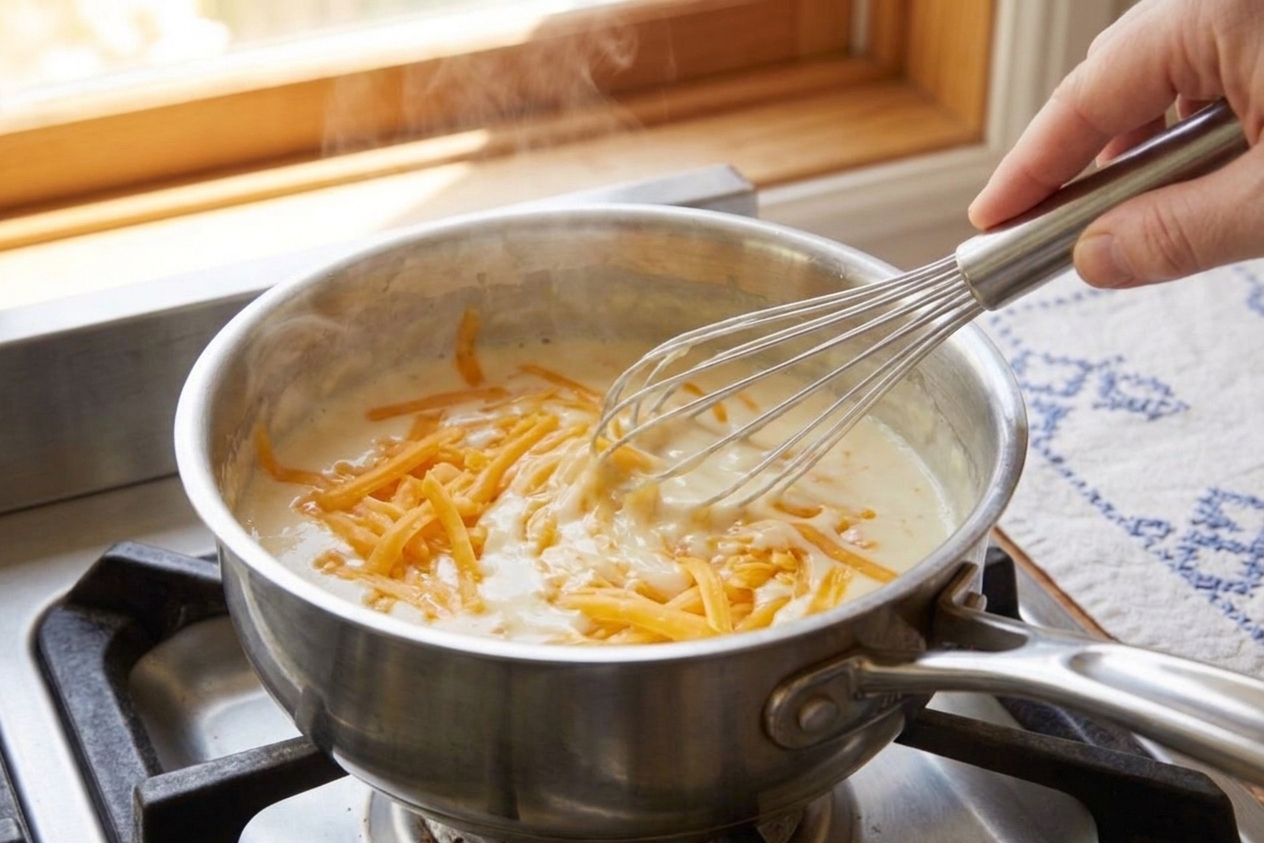 Shredded cheddar melting into a creamy sauce in a skillet on a stovetop while being whisked