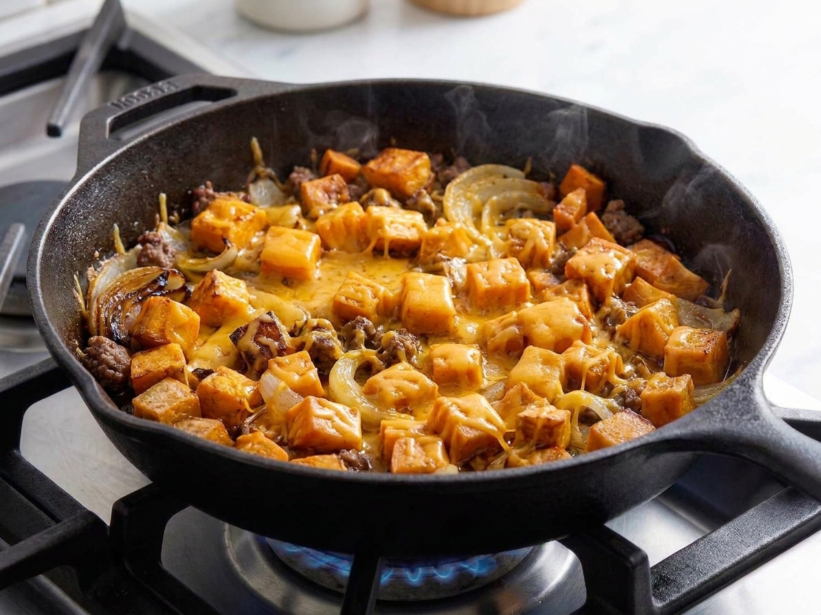 Shredded cheddar melting over a bison and sweet potato skillet, with the cheese glossy and just melted