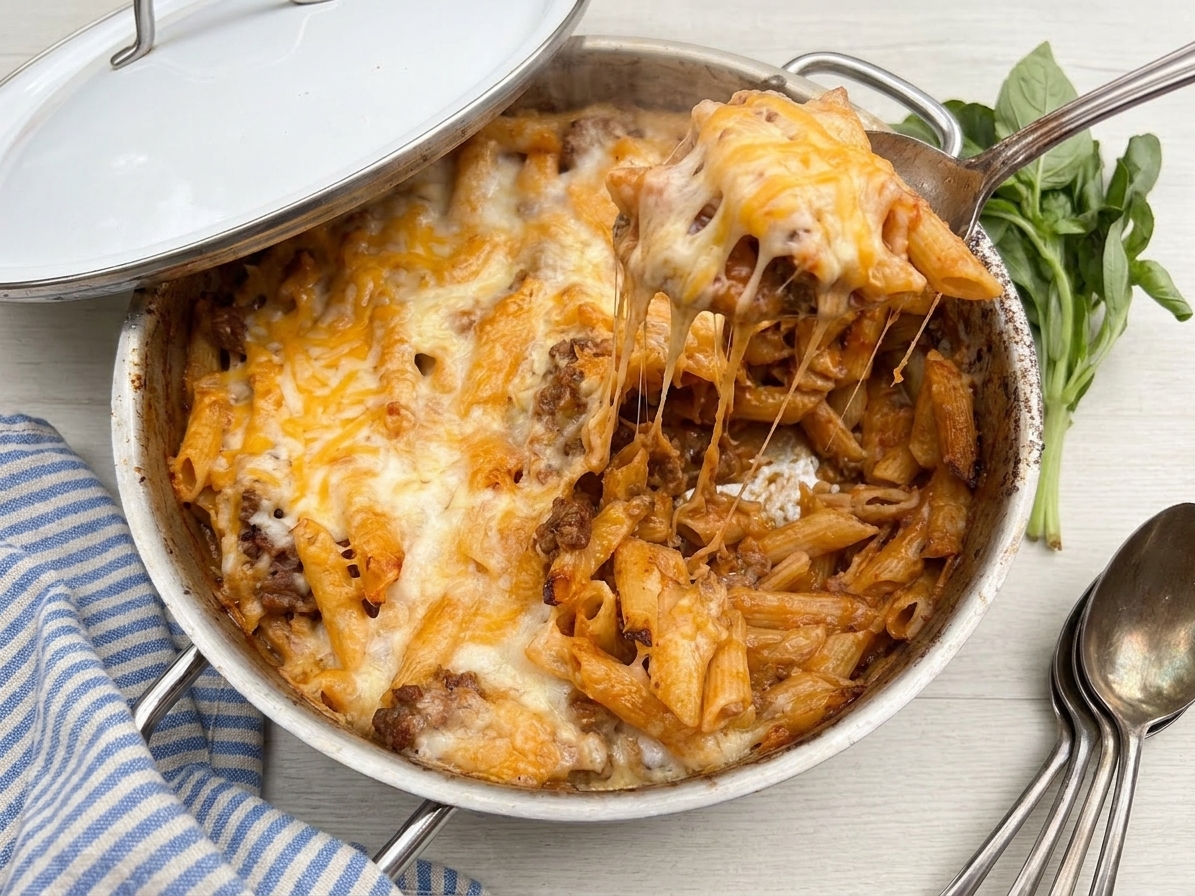 Shredded cheddar melting over beefaroni in a skillet with the lid slightly ajar, cheese stretching and glossy