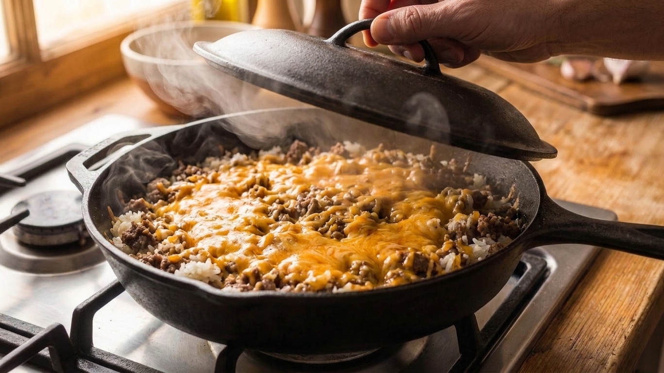 Shredded cheddar melting over hamburger and rice in a covered skillet with steam lifting as the lid is removed