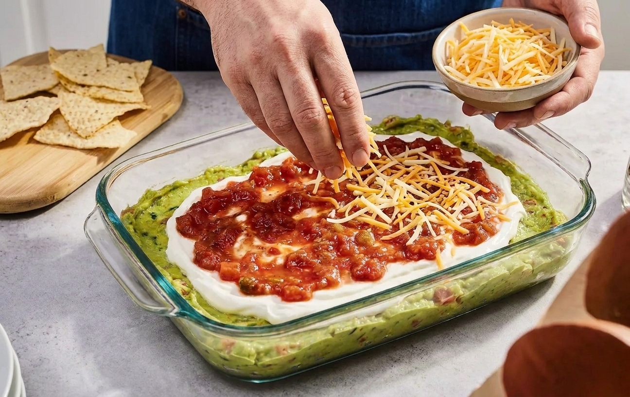 Shredded cheese being sprinkled evenly over the salsa layer in a glass dish