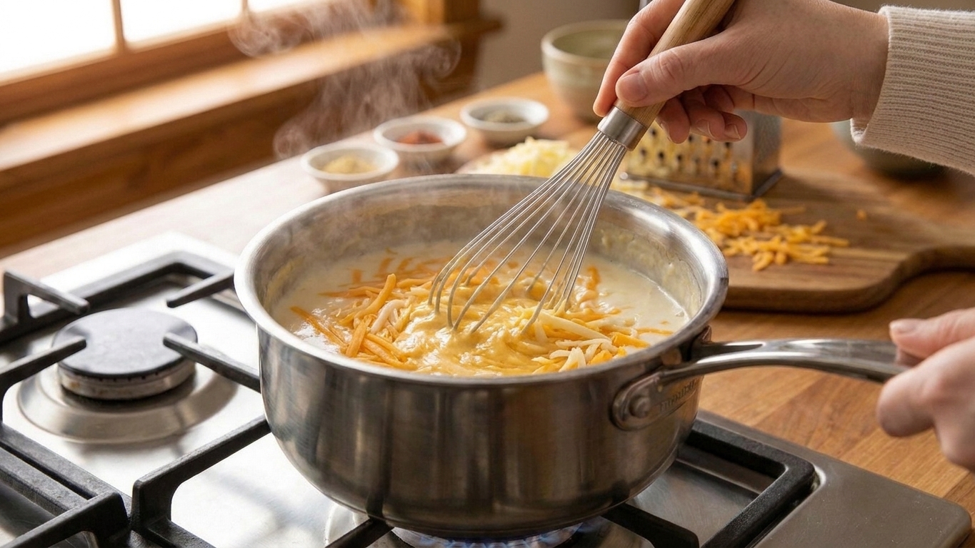 Shredded cheese being stirred into a hot milk sauce until it melts smooth in a saucepan