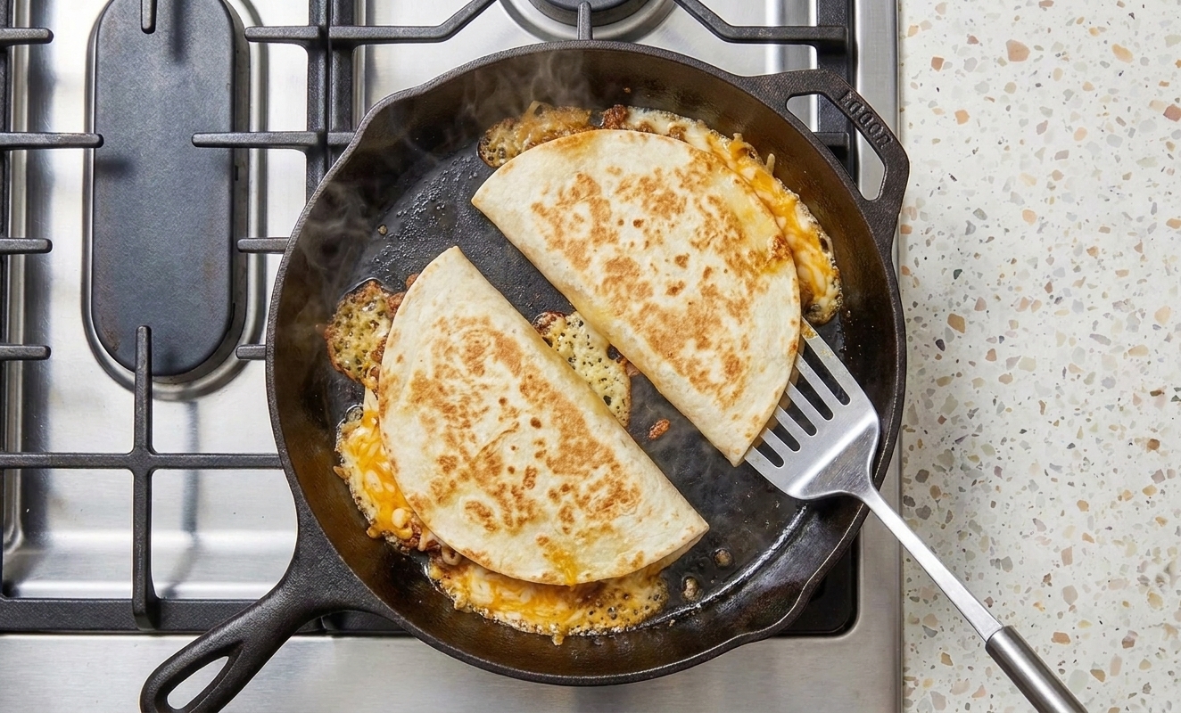 Shredded cheese melting between two flour tortillas in a skillet as the edges turn golden, with a spatula ready to flip