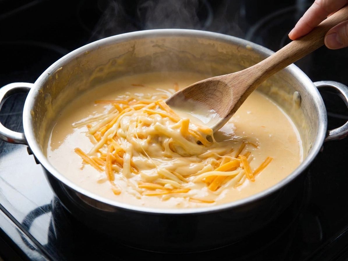 Shredded cheese melting into a creamy sauce in a saucepan on low heat, stirred with a wooden spoon