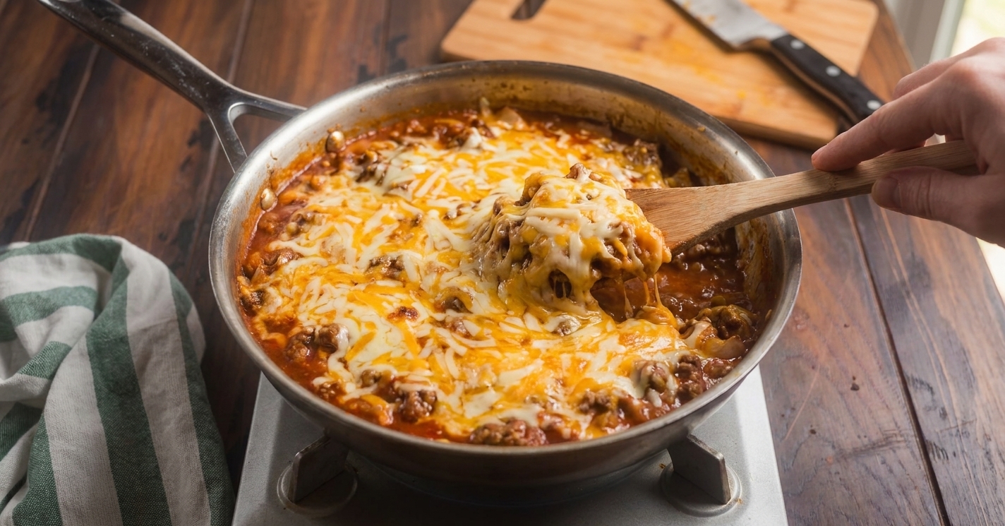 Shredded cheese melting over saucy taco pasta in a skillet on the stove