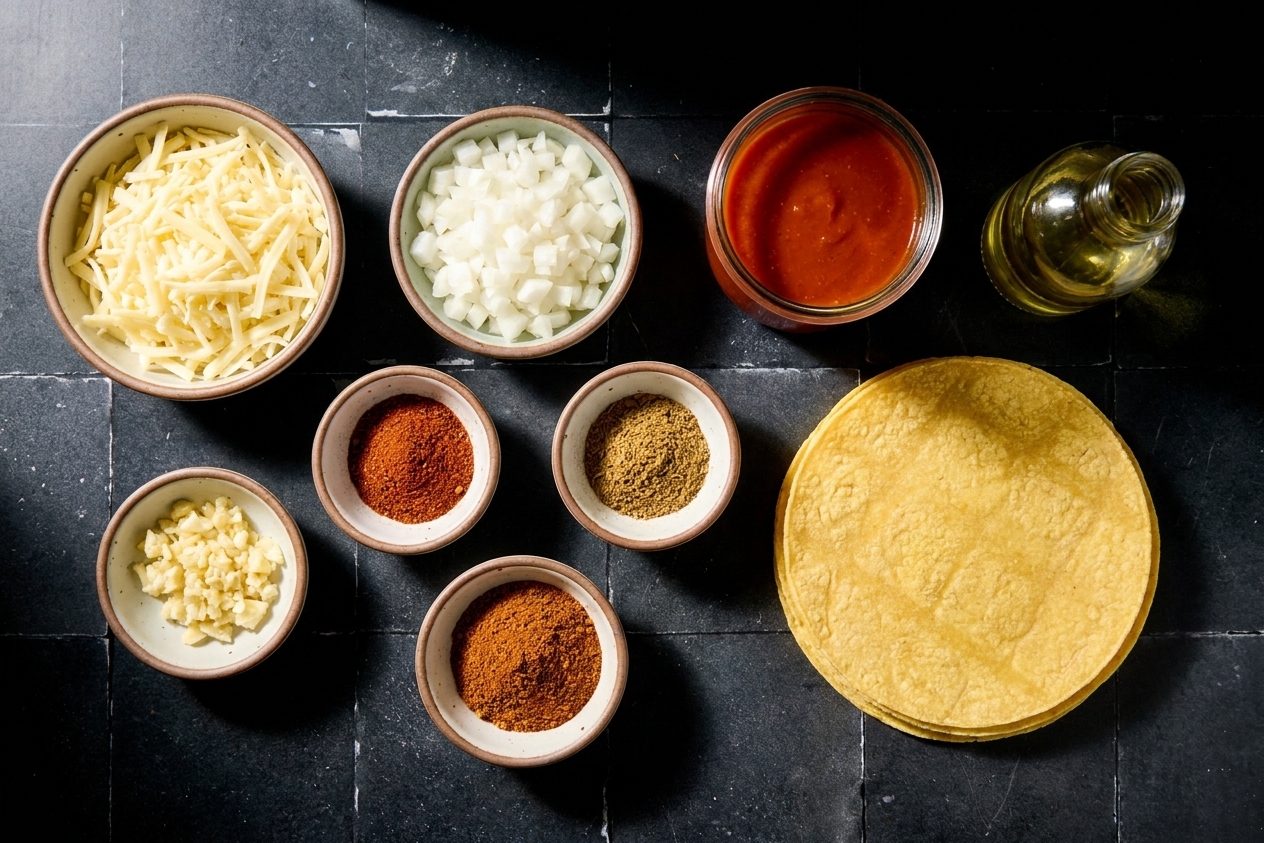 Shredded cheese, red enchilada sauce ingredients, corn tortillas, diced onion, garlic, chili powder, cumin, and oil set out for cooking