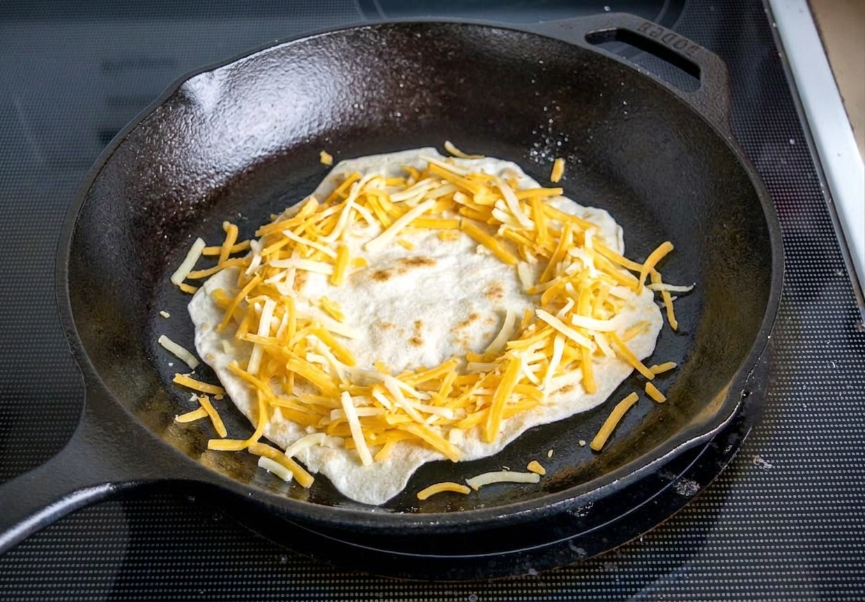 Shredded cheese scattered over a tortilla in a skillet with a clear open space in the center, overhead view