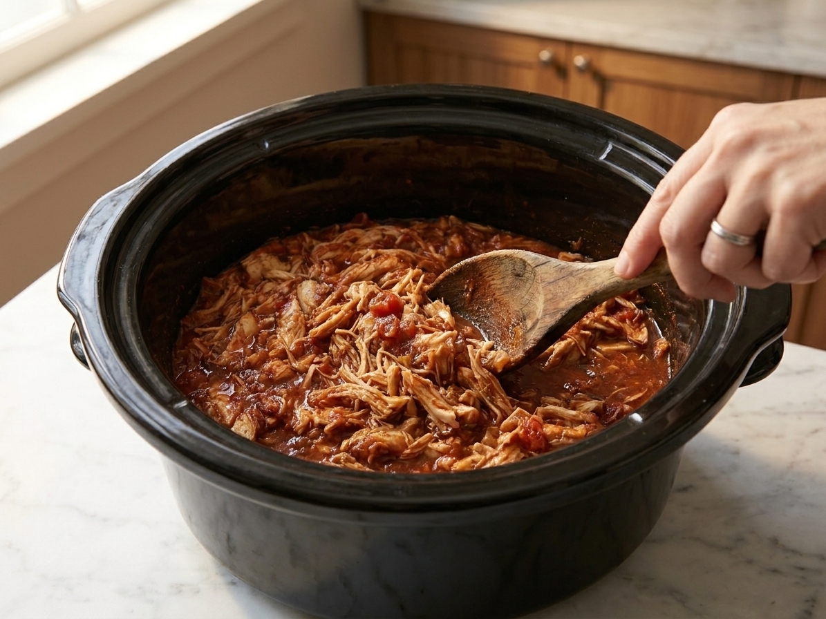 Shredded chicken being stirred into a chunky salsa sauce inside a slow cooker insert with a wooden spoon