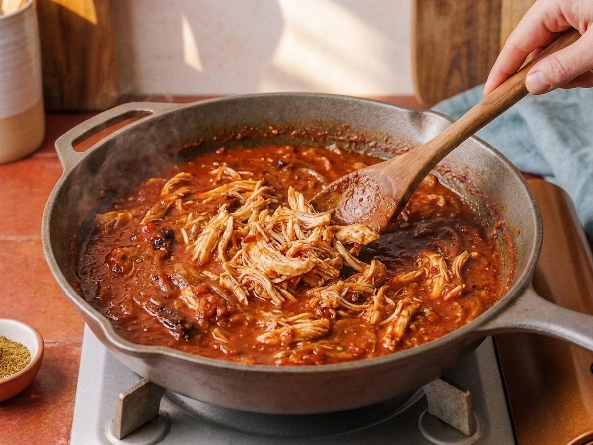 Shredded chicken being stirred into a thick red chipotle-tomato sauce in a skillet on the stove