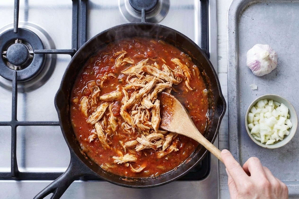 Shredded chicken being stirred into a thick, red taco sauce in a skillet with a wooden spoon