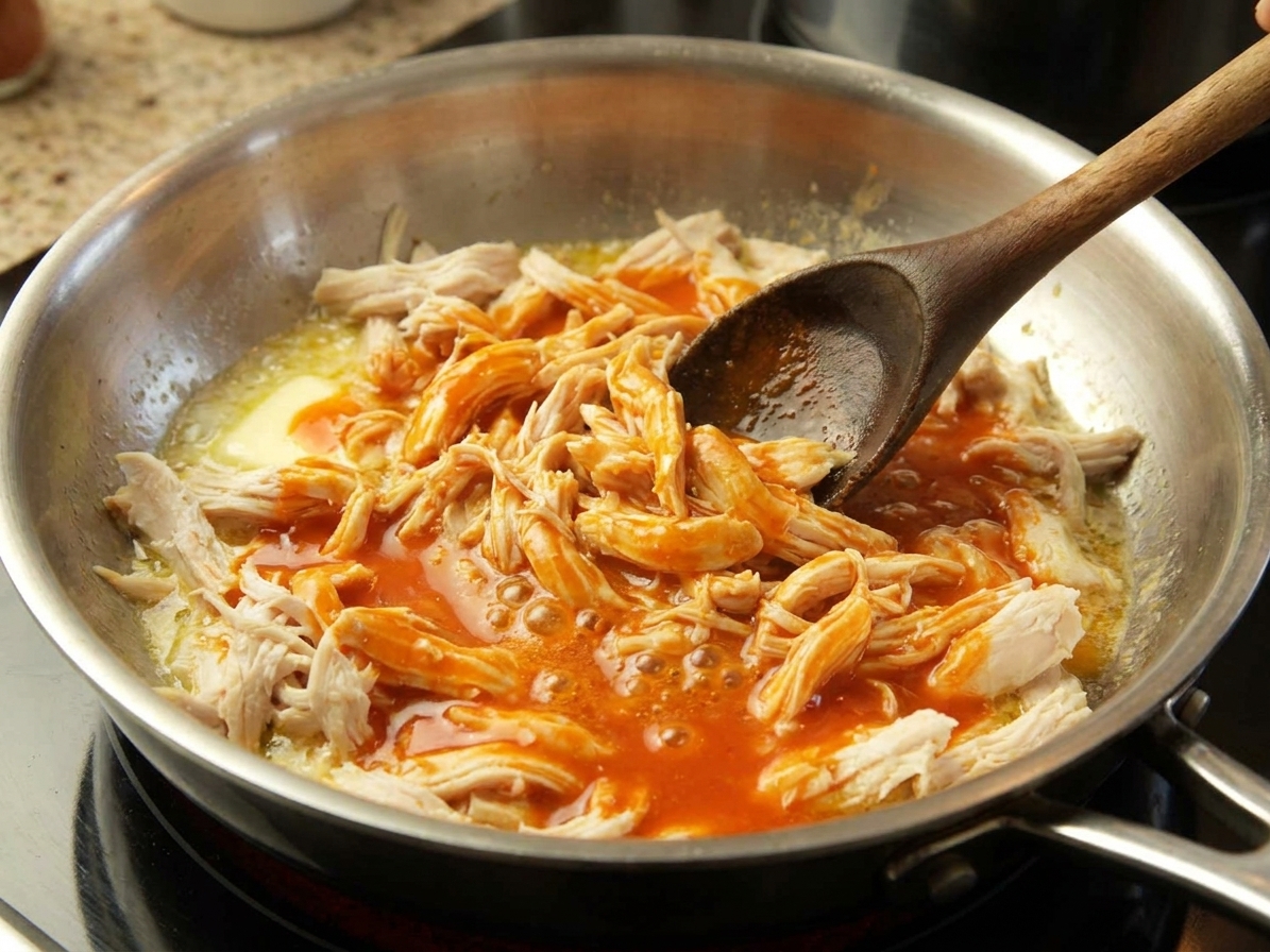 Shredded chicken being tossed in a skillet with butter and Buffalo hot sauce until coated