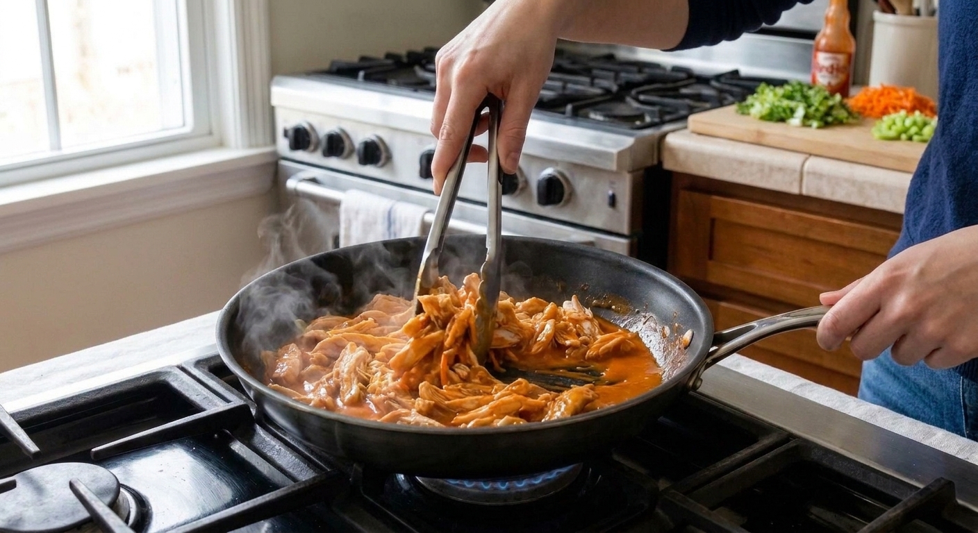 Shredded chicken being tossed in a skillet with glossy orange Buffalo sauce using tongs on a home stove