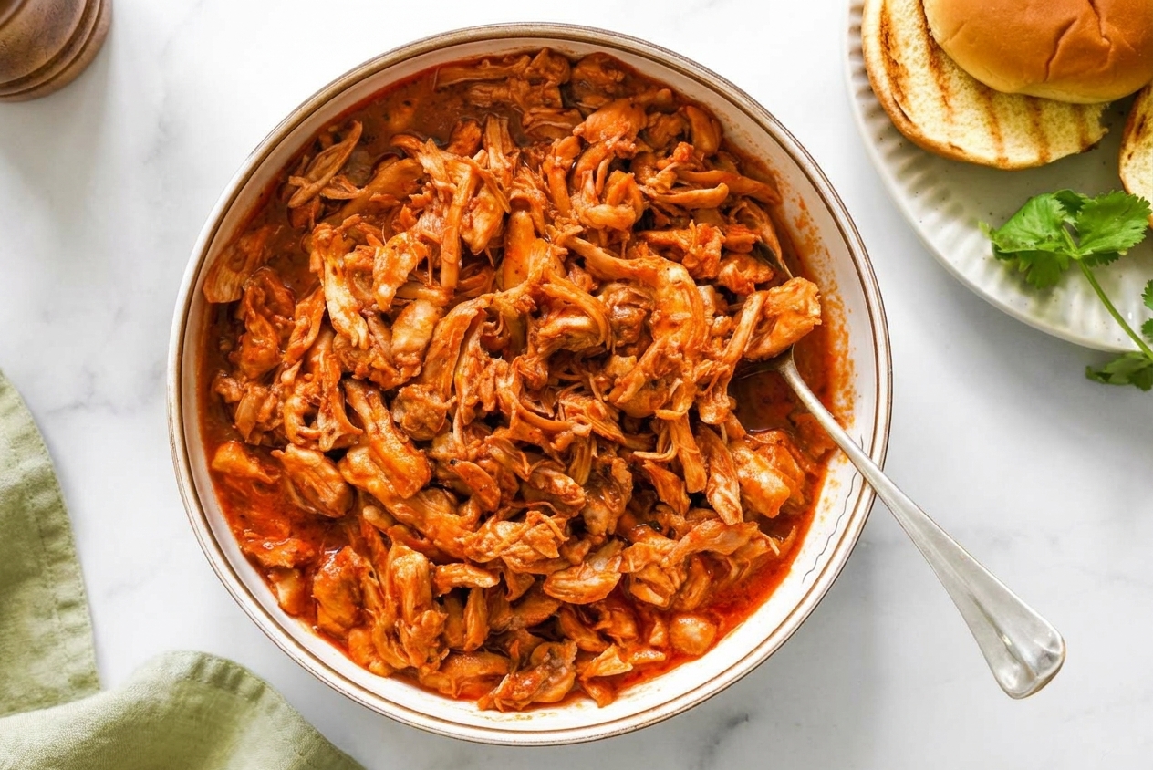 Shredded chicken coated in BBQ sauce in a mixing bowl on a kitchen counter