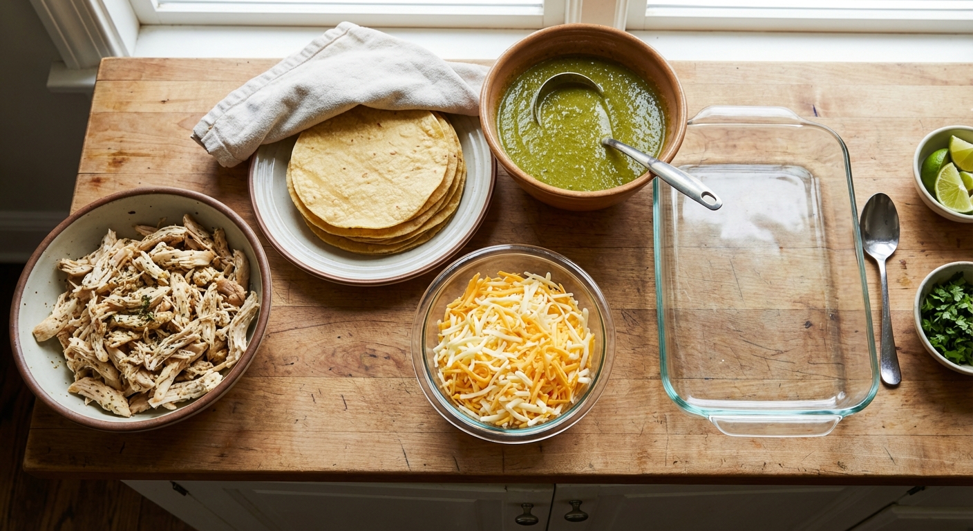 Shredded chicken, corn tortillas, shredded cheese, and a bowl of green enchilada sauce laid out for assembly
