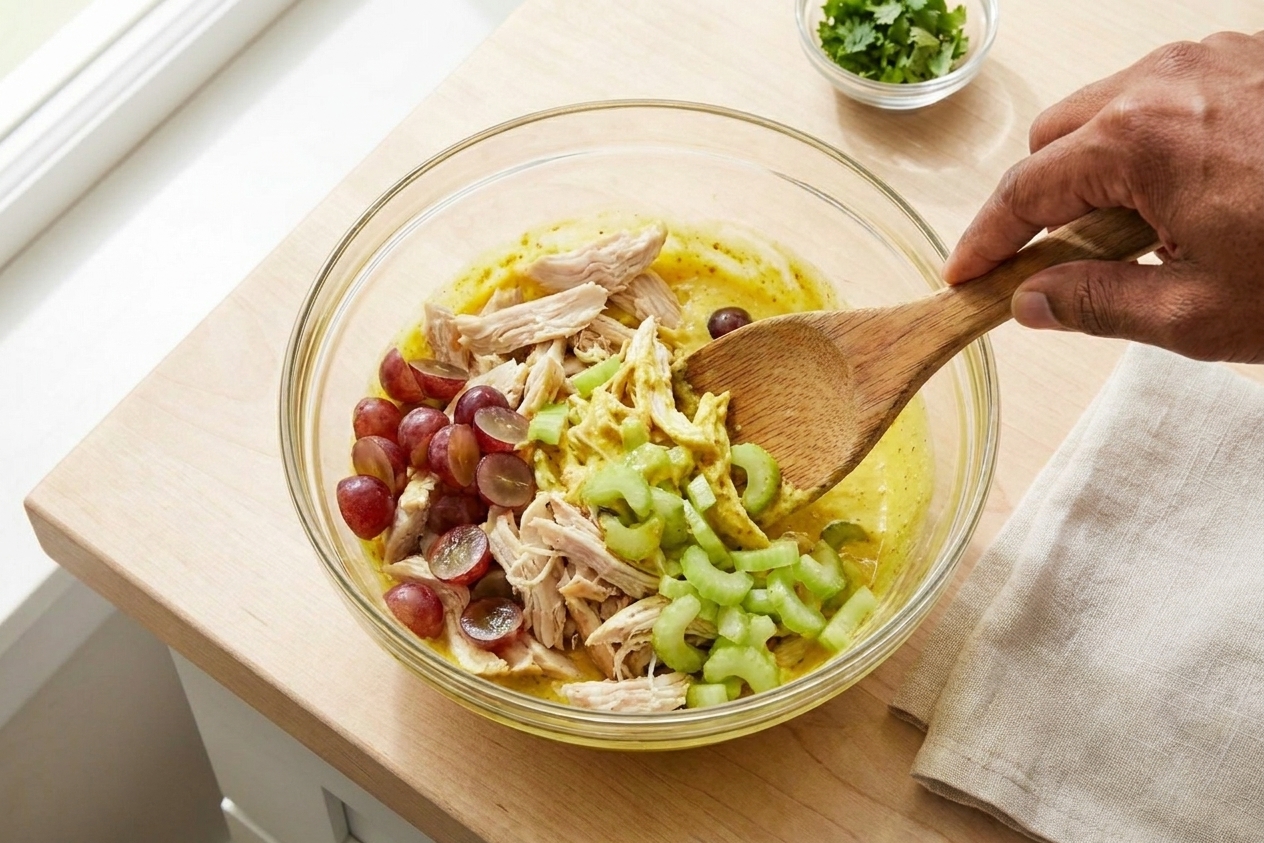 Shredded chicken, grapes, and celery being gently folded into a bowl of creamy curry dressing