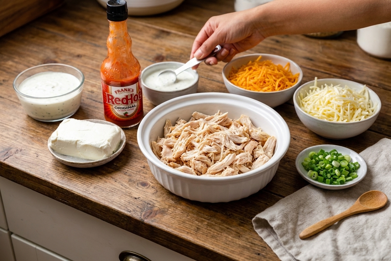 Shredded chicken in a bowl next to softened cream cheese, Frank’s RedHot, ranch dressing, shredded cheeses, and sliced green onions on a kitchen counter