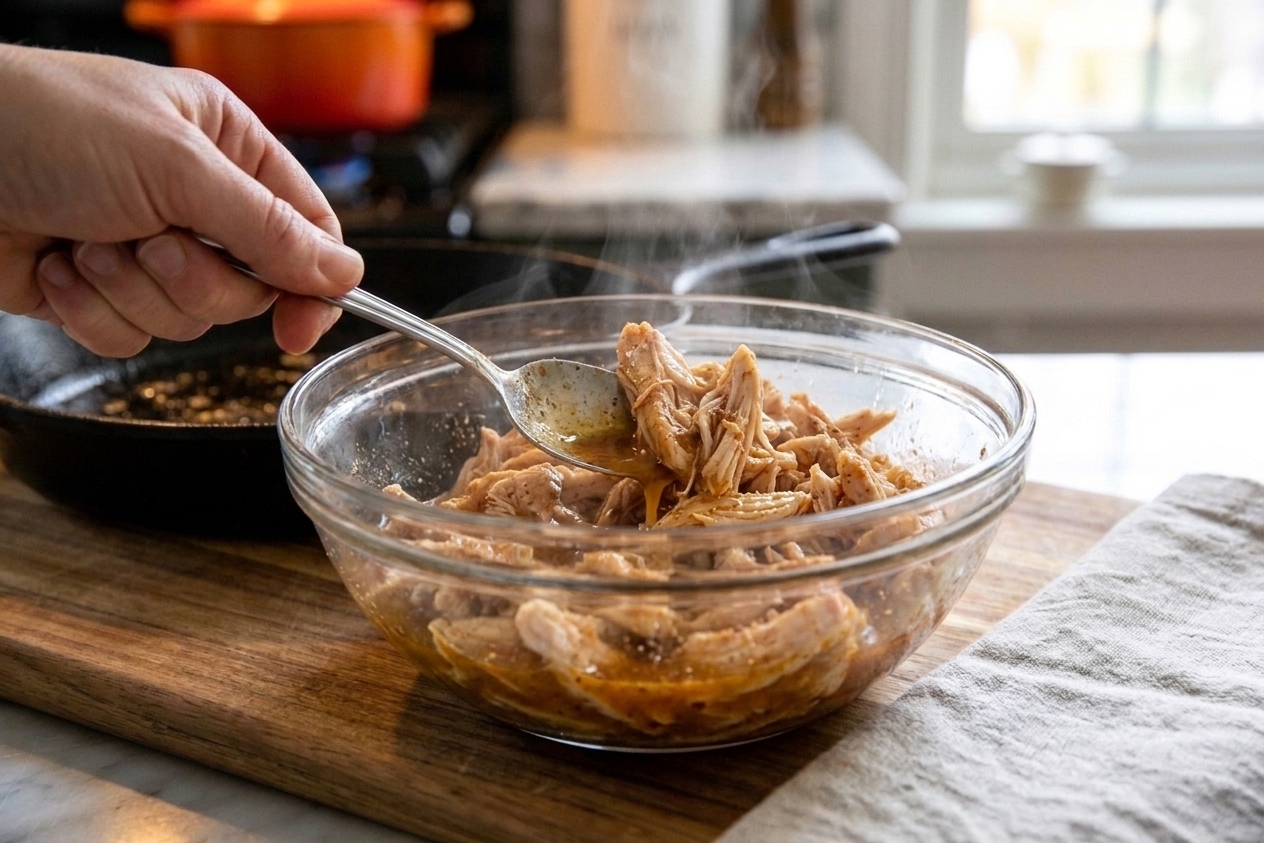 Shredded chicken in a mixing bowl being tossed with a spoonful of cooking liquid, glossy and moist on a kitchen counter