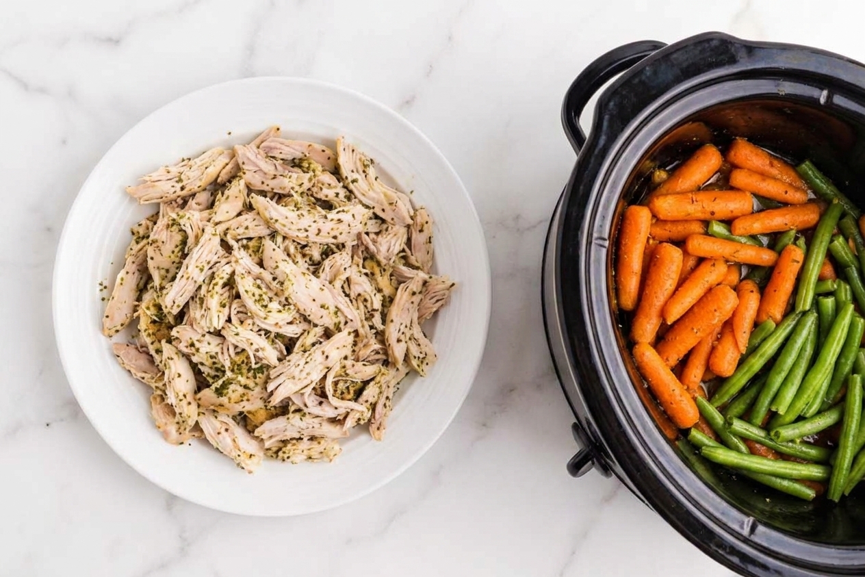Shredded chicken on a plate next to a slow cooker