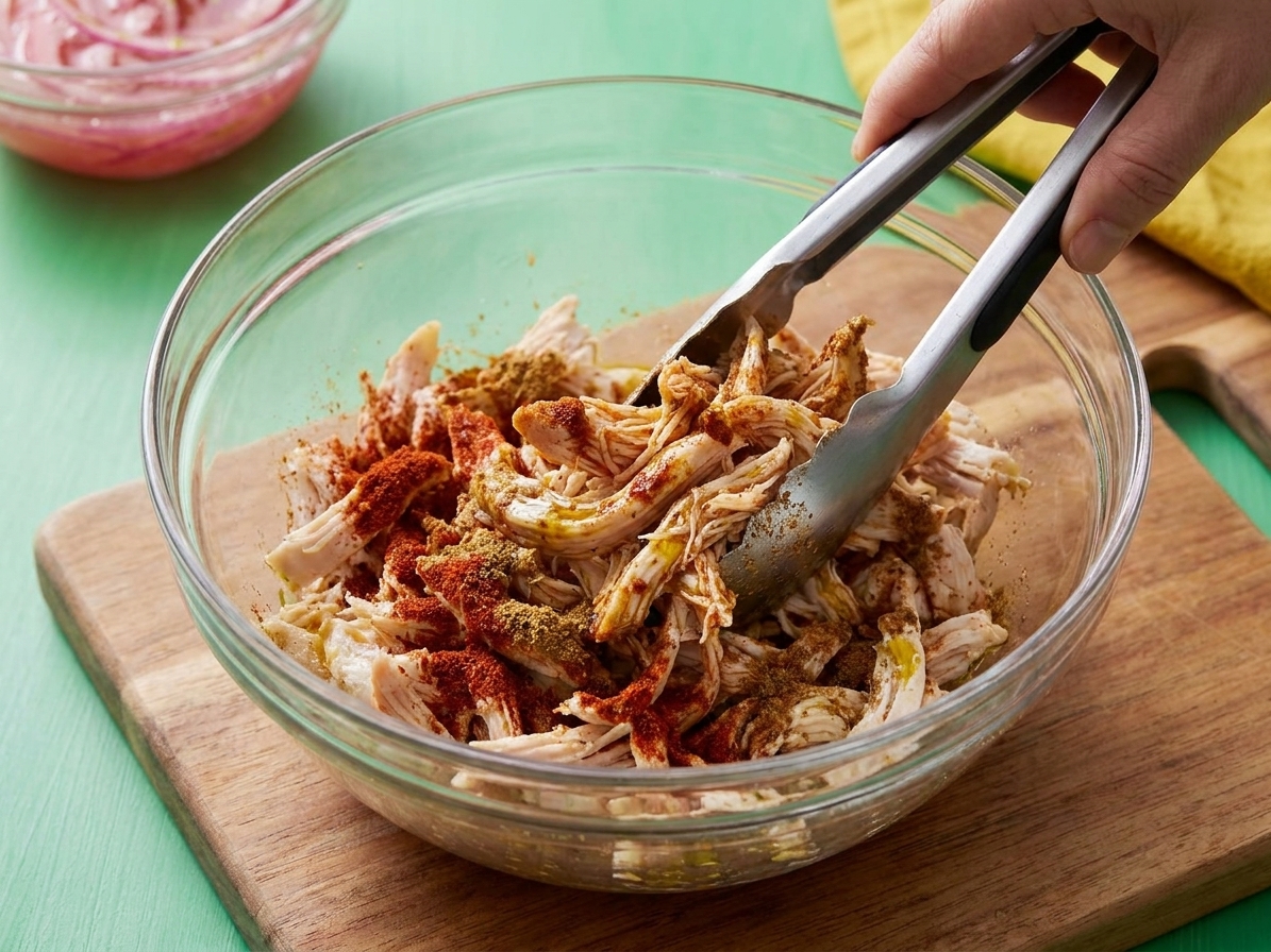 Shredded chicken tossed with chili powder, cumin, smoked paprika, and olive oil in a mixing bowl