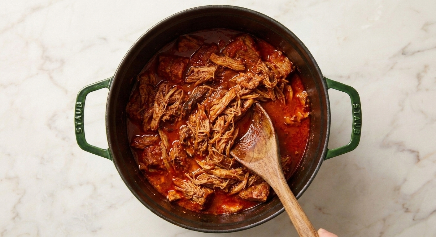 Shredded cochinita pibil being stirred back into its red cooking juices in a Dutch oven with a wooden spoon