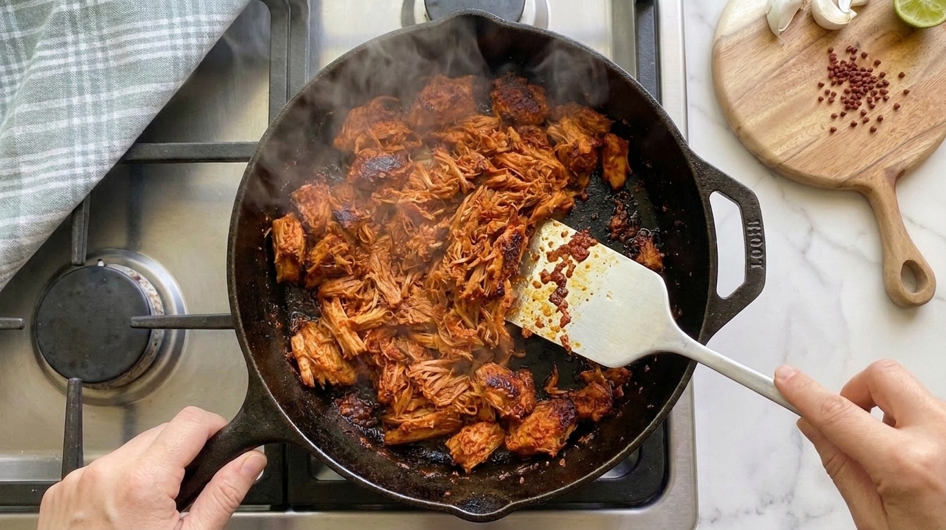 Shredded cochinita pibil sizzling in a cast iron skillet as the edges caramelize, with a spatula resting nearby