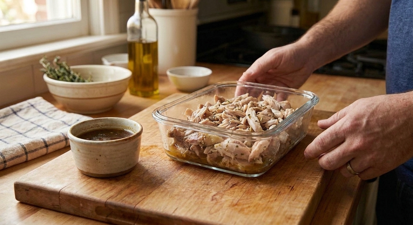 Shredded cooked Cornish game hen meat stored in a glass container with a small cup of pan juices beside it on a kitchen counter