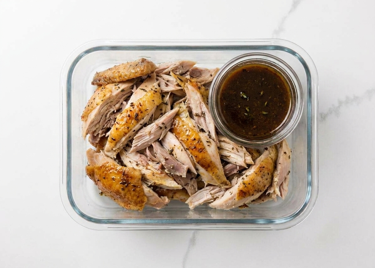 Shredded cooked Cornish hen meat in a glass meal prep container with a small cup of pan sauce beside it