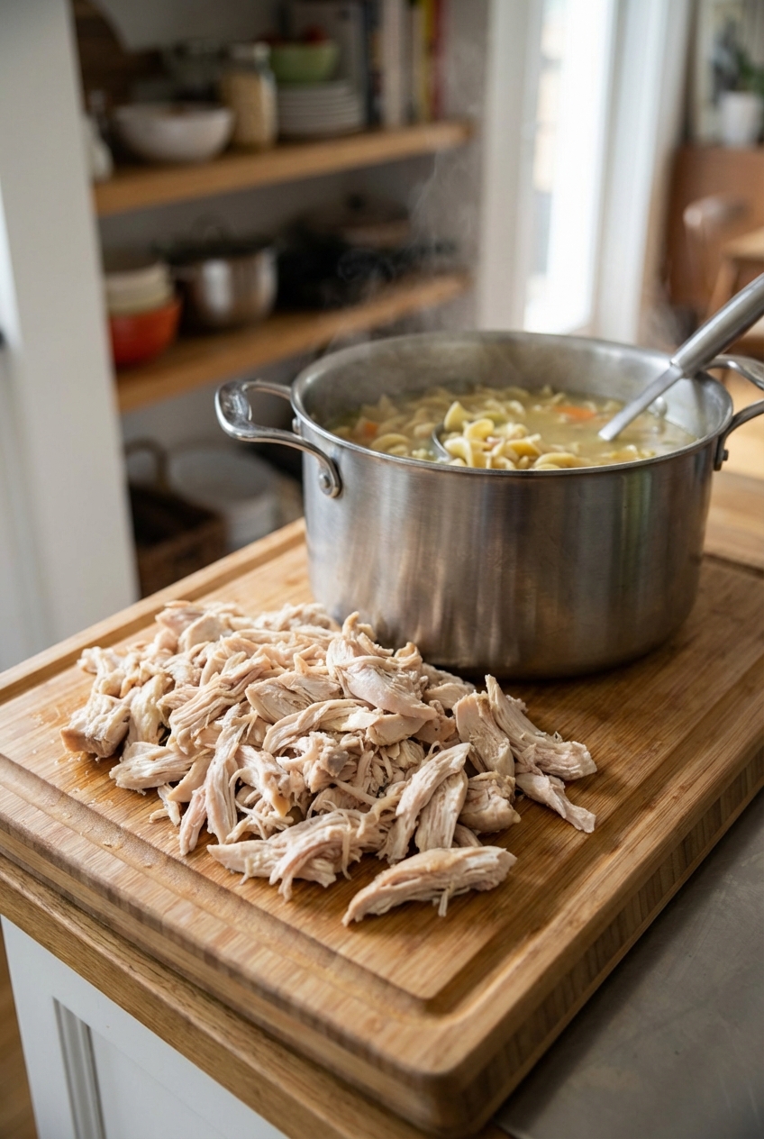 Shredded cooked chicken on a cutting board next to a pot of soup