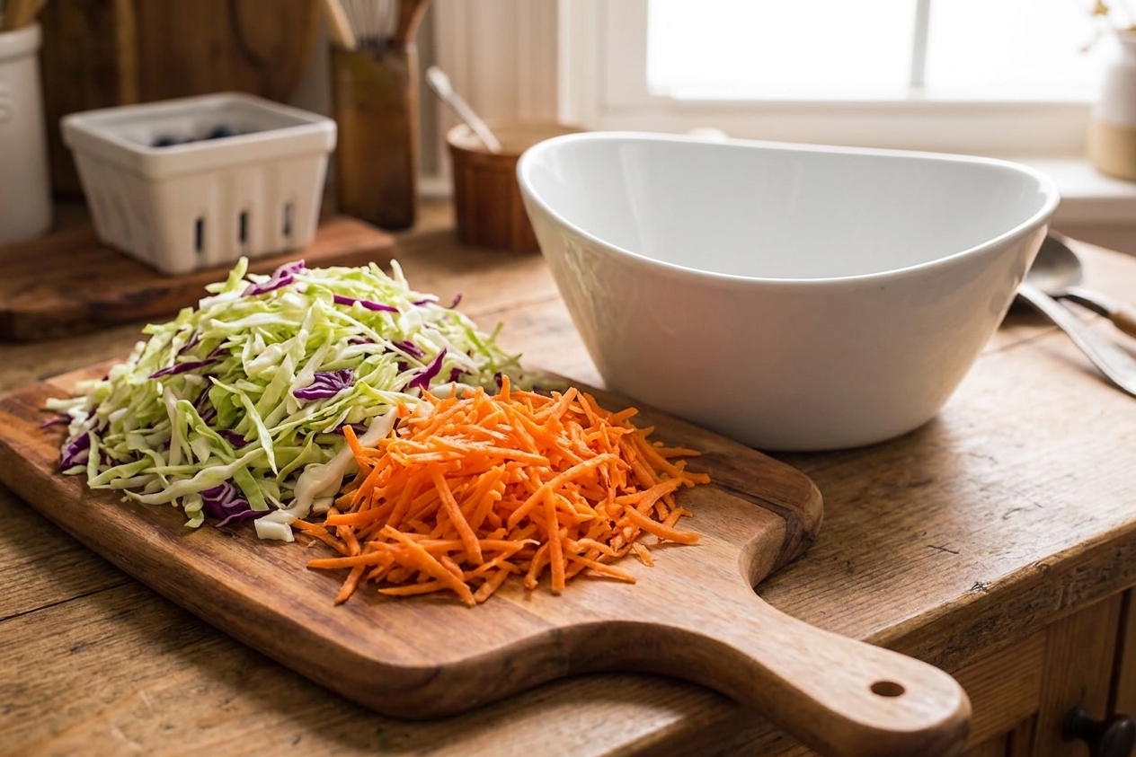 Shredded green and red cabbage with freshly grated carrots on a cutting board next to a large mixing bowl on a bright kitchen counter