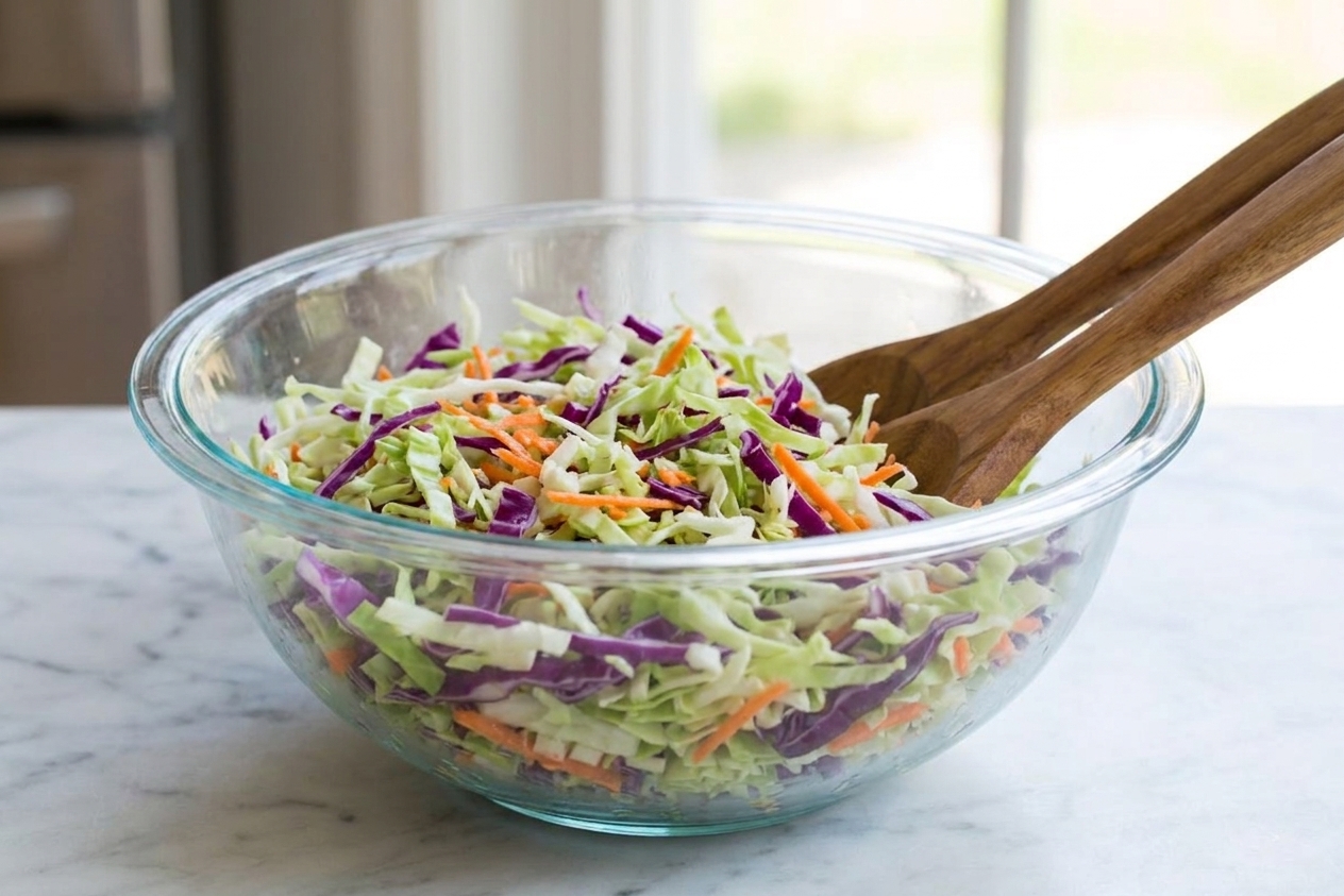 Shredded green and red cabbage with grated carrot in a mixing bowl on a kitchen counter