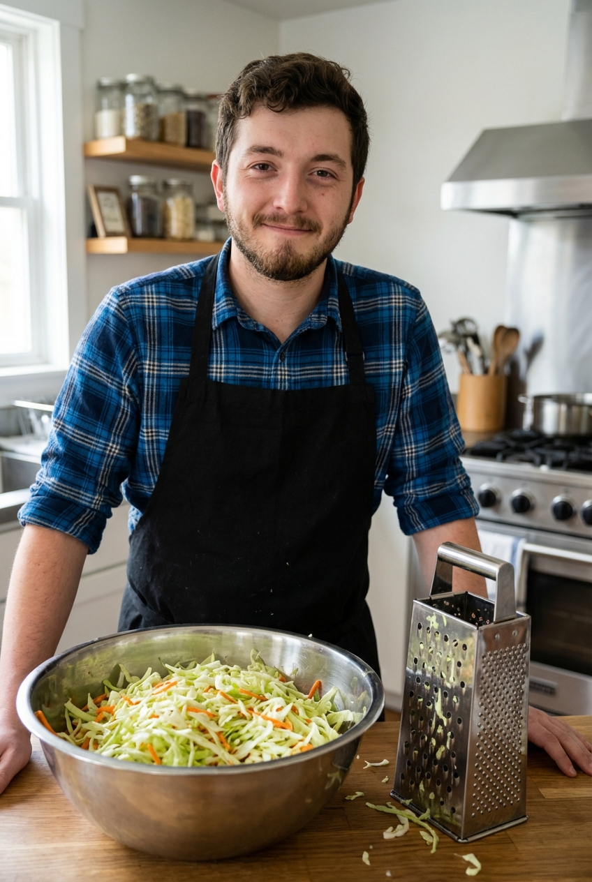 Shredded green cabbage and carrots in a metal mixing bowl with a box grater on the counter