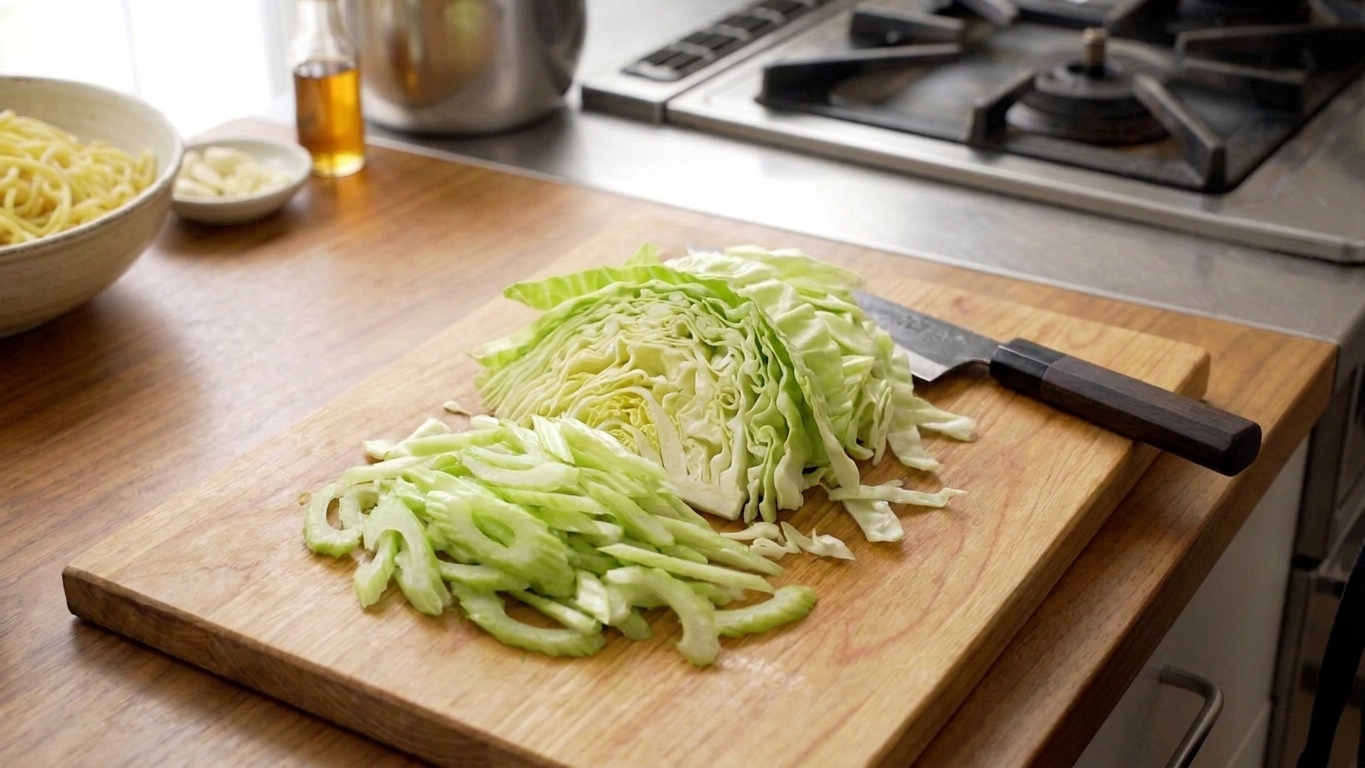 Shredded green cabbage and thinly sliced celery on a cutting board beside a chef's knife